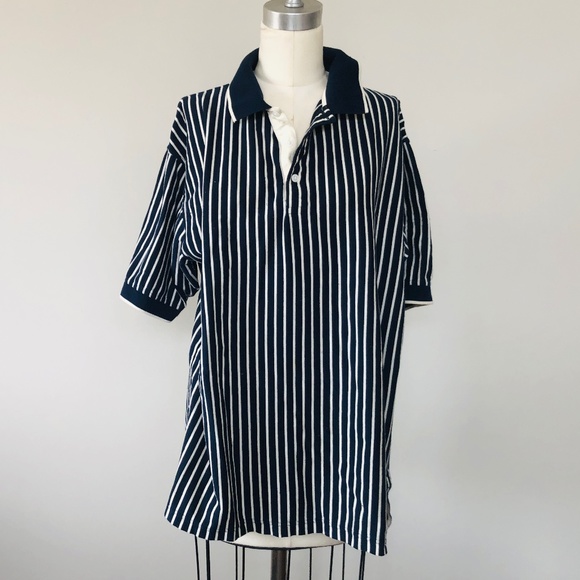 Large Mens Blue White Striped Cotton Short Sleeve BFC Pullover - Picture 1 of 9